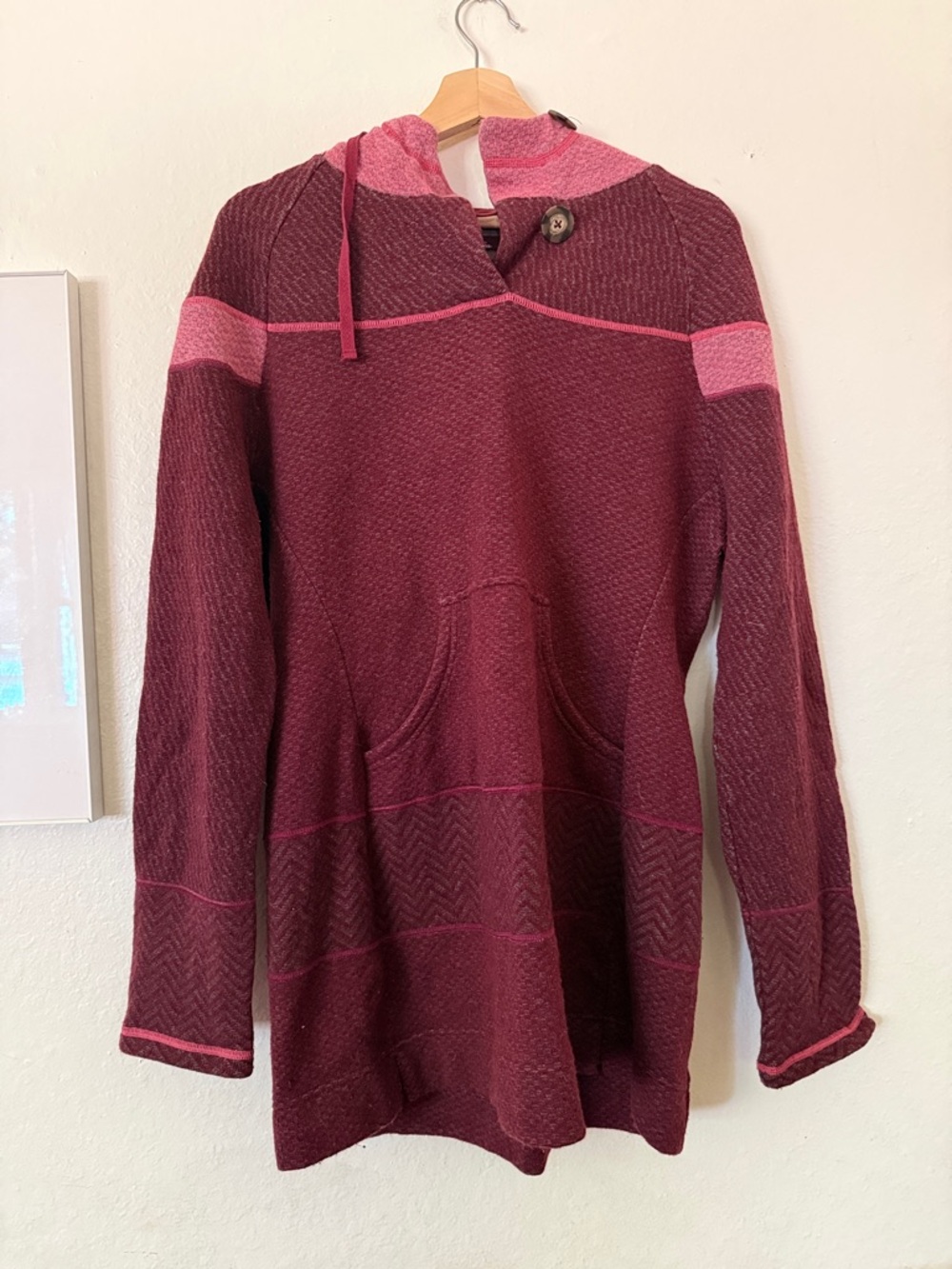 Prana Wool Blend Hoodie Tunic in Burgundy & Pink Sz XL